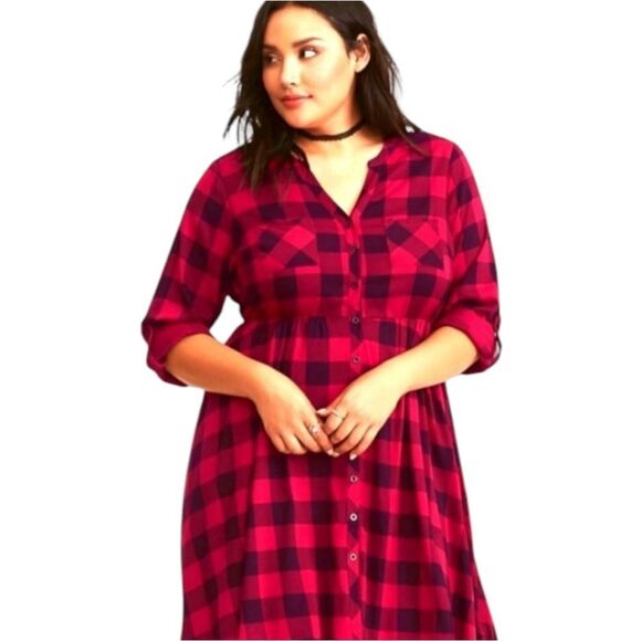 TORRID Maroon & black plaid challis button front midi dress Size M/L New - Picture 1 of 16